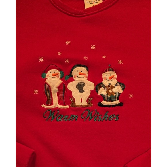 Bechamel Women's S Red Christmas Sweatshirt Embroidered Snowmen Warm Wishes - Picture 2 of 10